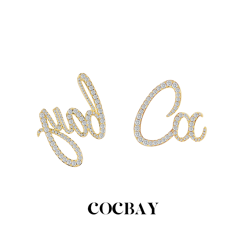 铜合金锆石耳饰 COCBAY-镀金满钻轻奢高级感锆石logo耳钉