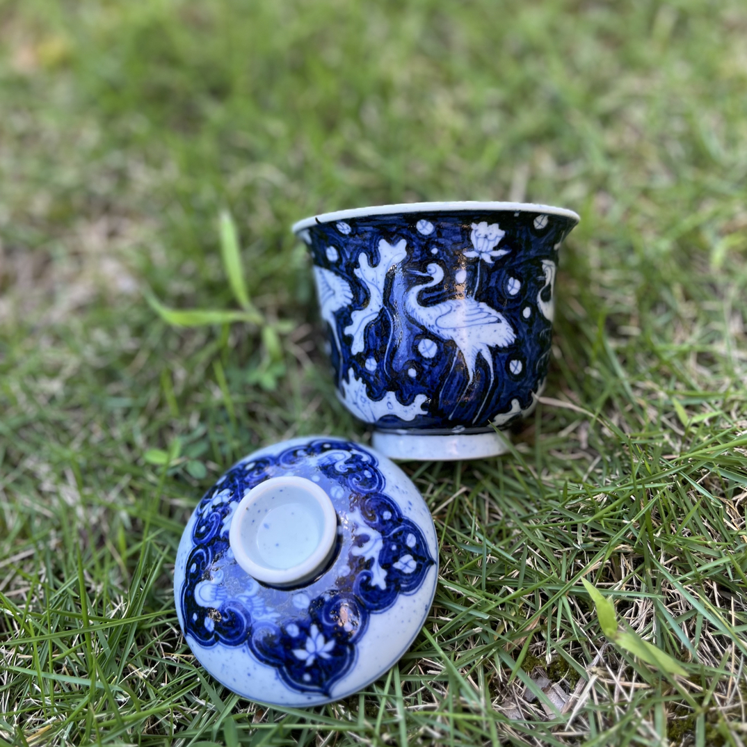 景德镇中式陶瓷幽蓝溪堂仿元青花釉里红一路连科盖碗茶具