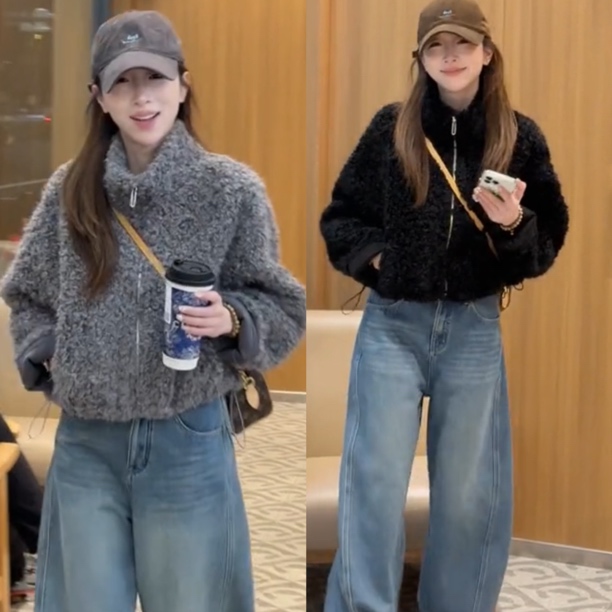 韩版气质立领毛绒外套女2025冬季新款保暖显瘦短外套休闲百搭上衣