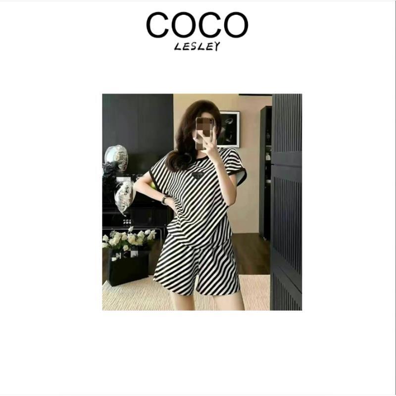 【COCO LESLEY】2件套夏季女短袖短裤宽松圆领休闲印花套装女681