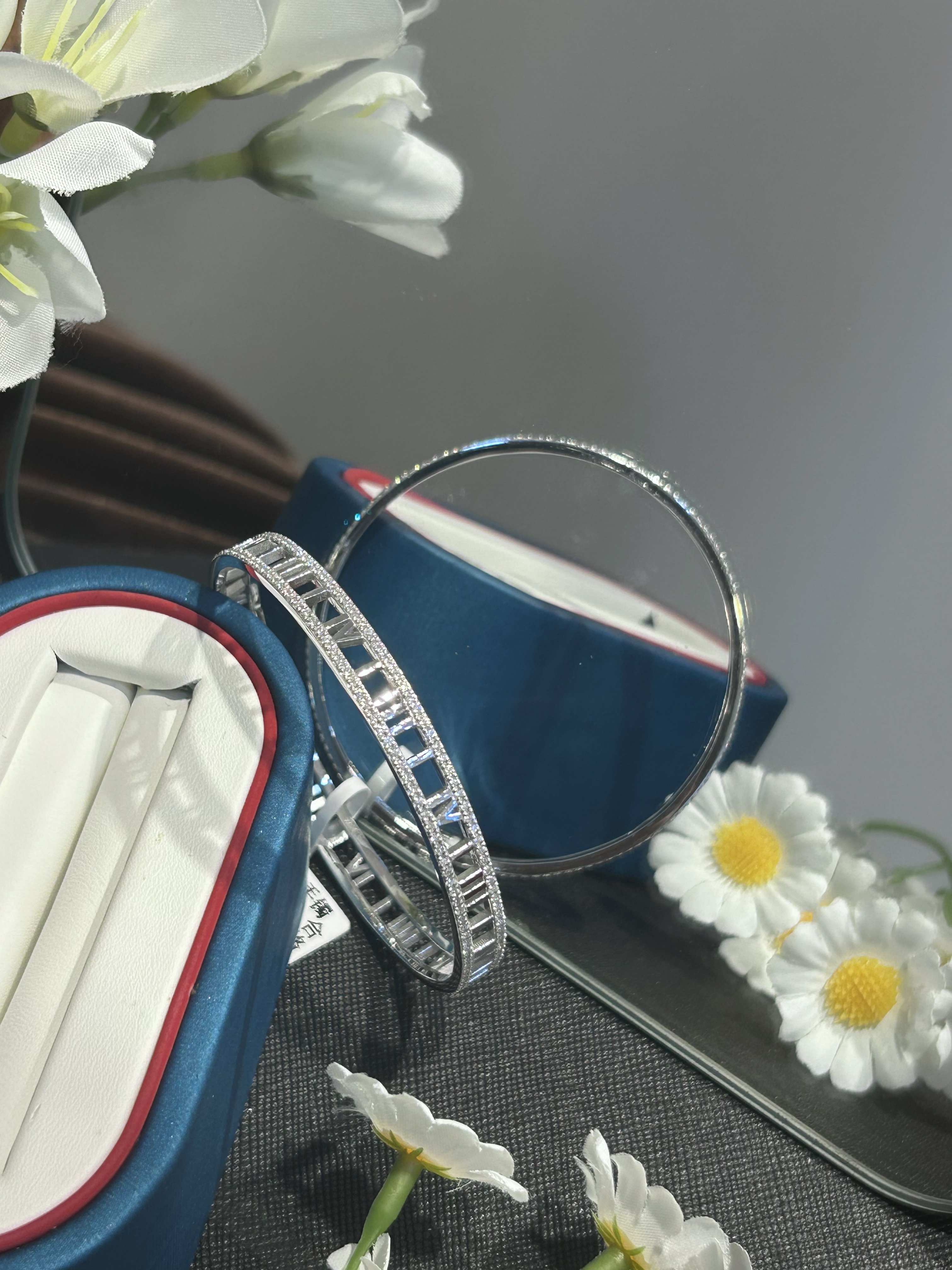 铂金pt950 镶嵌莫桑 时间手镯 双排钻闪亮 圆镯 时尚精致款