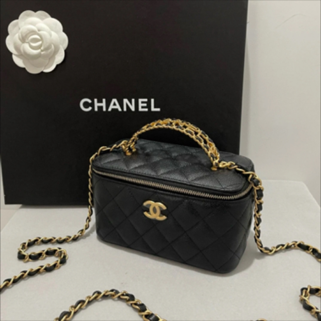 99新 Chanel/香奈儿 Chanel黑金荔枝纹手提化妆盒 25080040-02