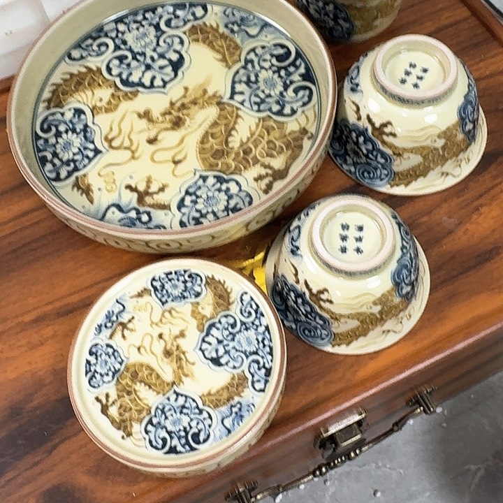 瓷片釉里金如意穿花龙5件套景德镇