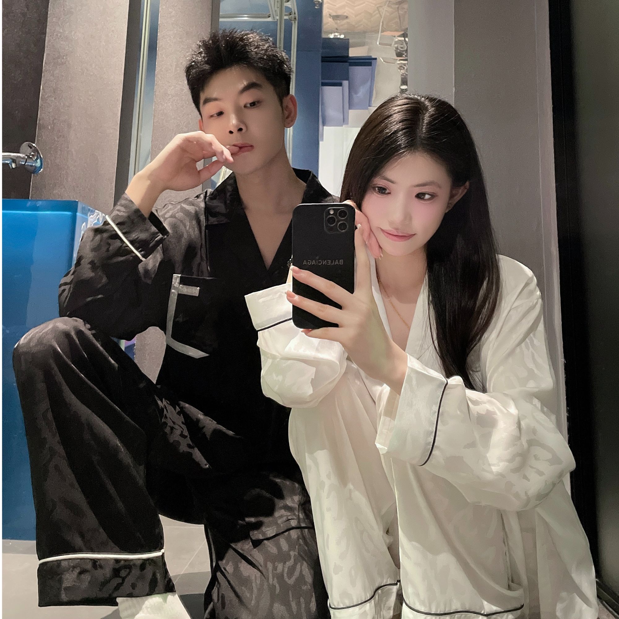 【墨白纹伴】情侣睡衣女春夏ins简约风男士凉感缎面冰丝家居服套装