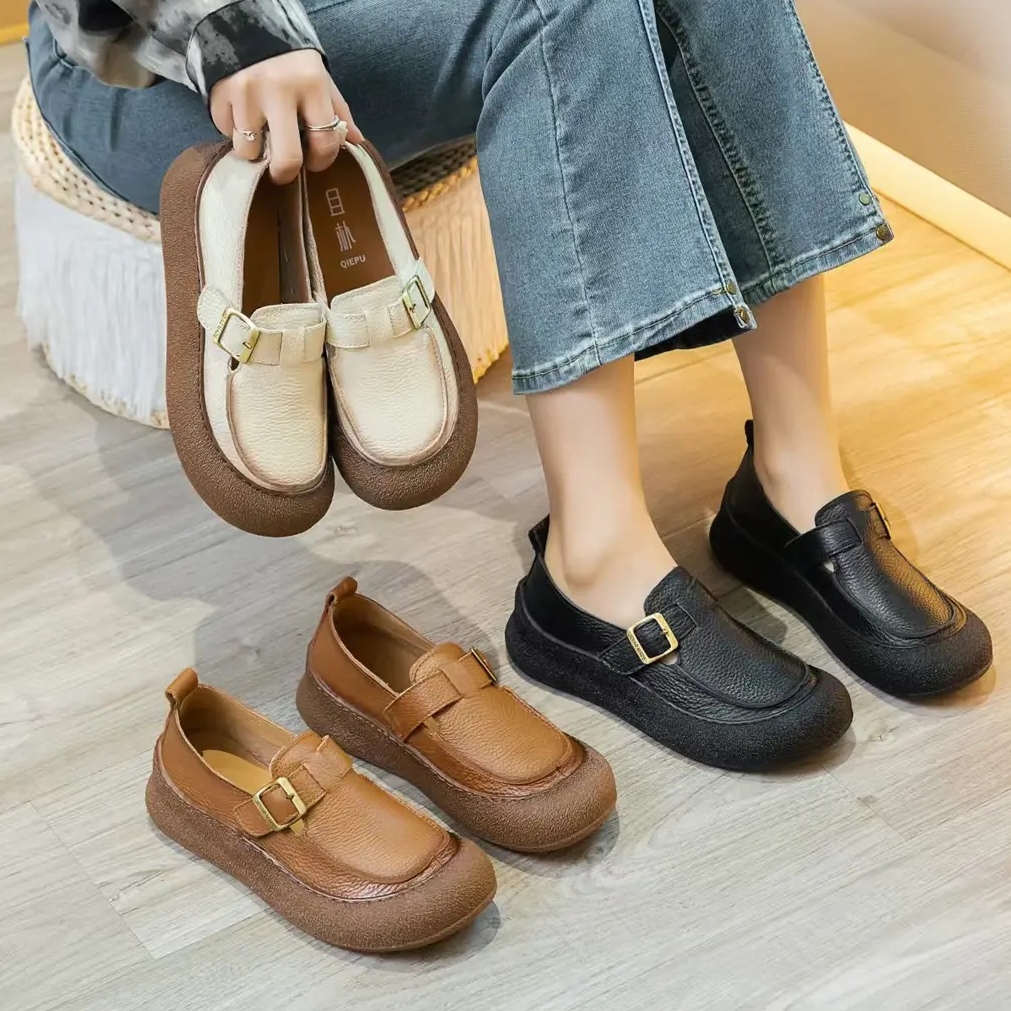 25661春季新品复古手工时尚牛皮厚底舒适百搭低邦圆头乐福鞋