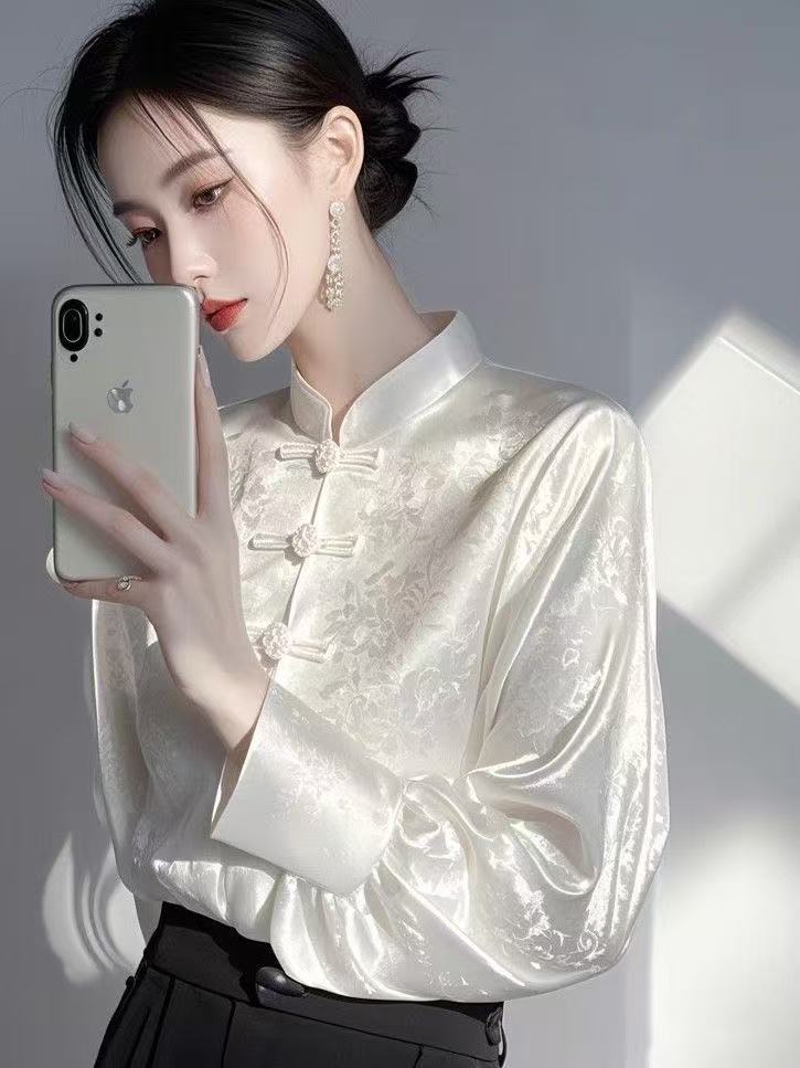 新中式国风内搭打底衫女2025早秋高级感轻奢减龄洋气白色提花衬衫
