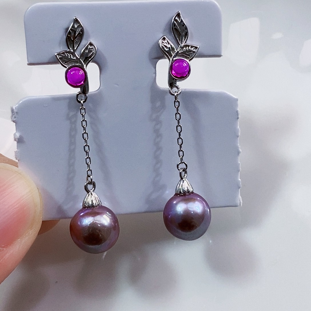淡水珍珠银S925镶嵌特价紫珠耳饰