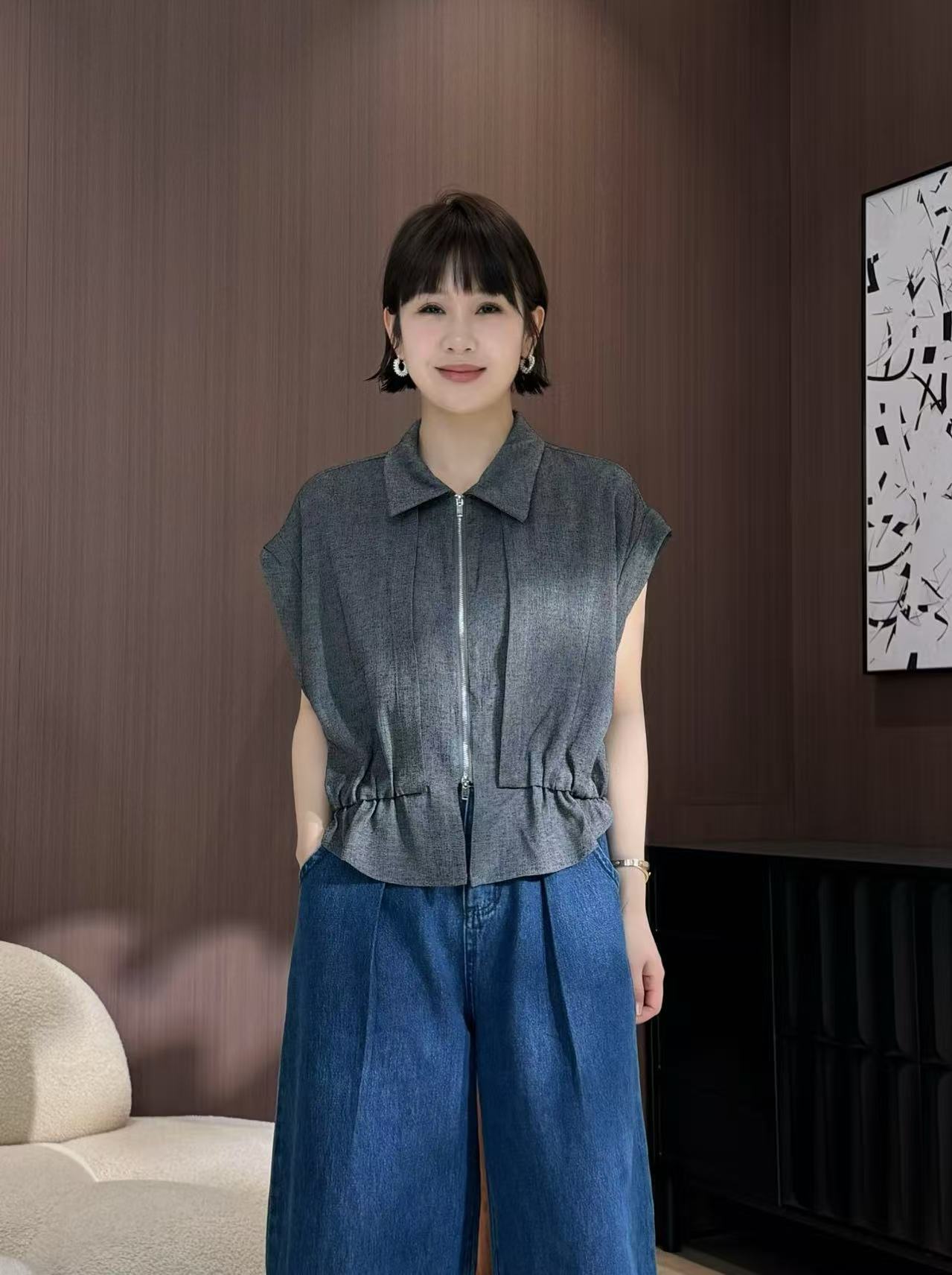 方和屿.夏季直筒型无袖衬衫短外套韩版翻领上衣时尚短款1256