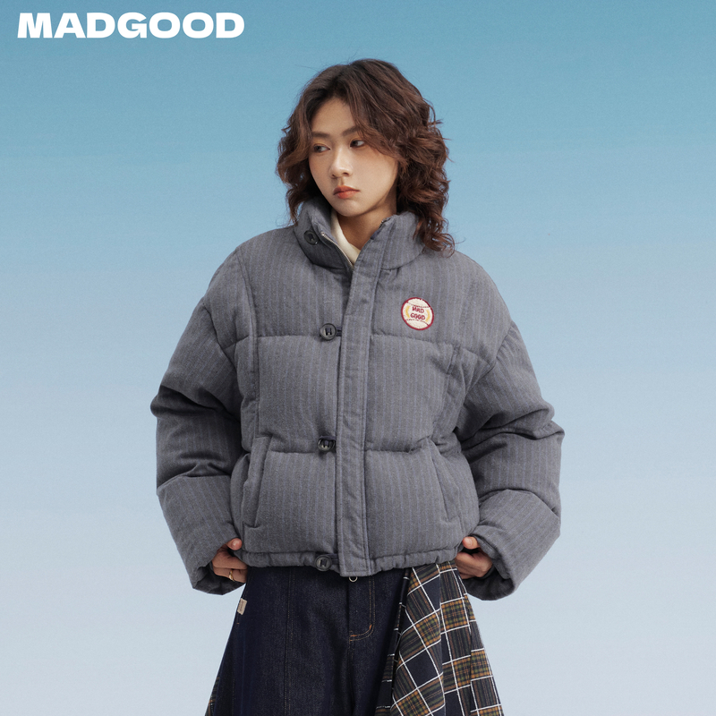 【90白鸭绒】madgood马得工地日系立领毛呢条纹羽绒服MDGDWT14053