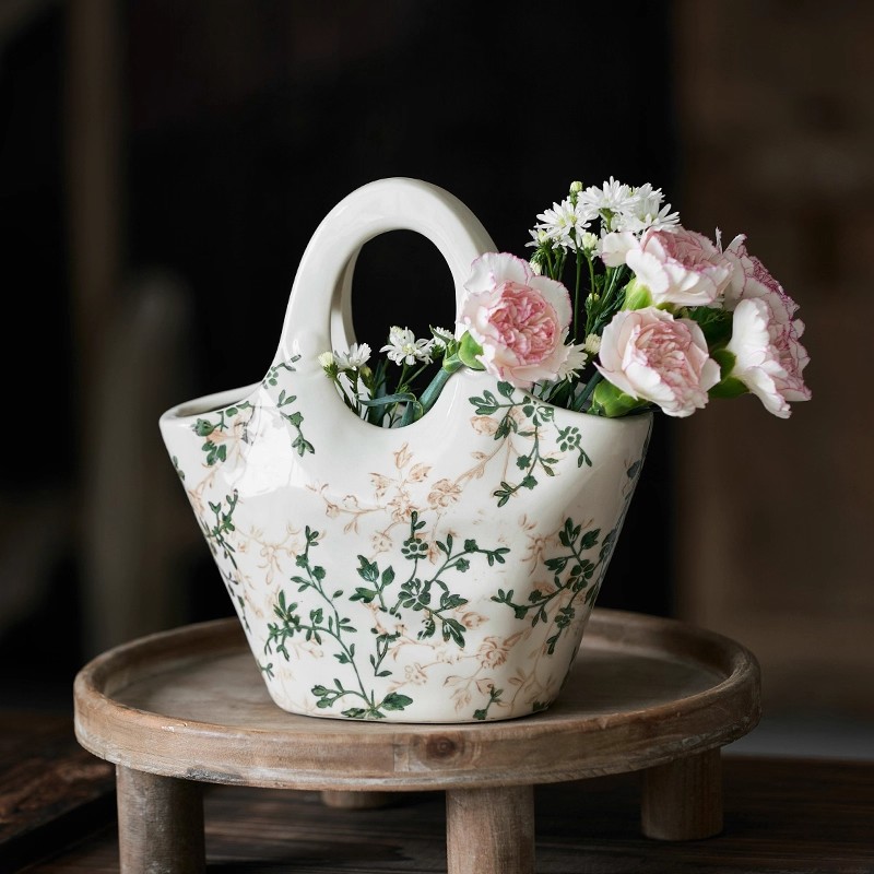 新款手提包陶瓷花瓶花篮设计水养鲜花插花高级感装饰品摆件瓶复古