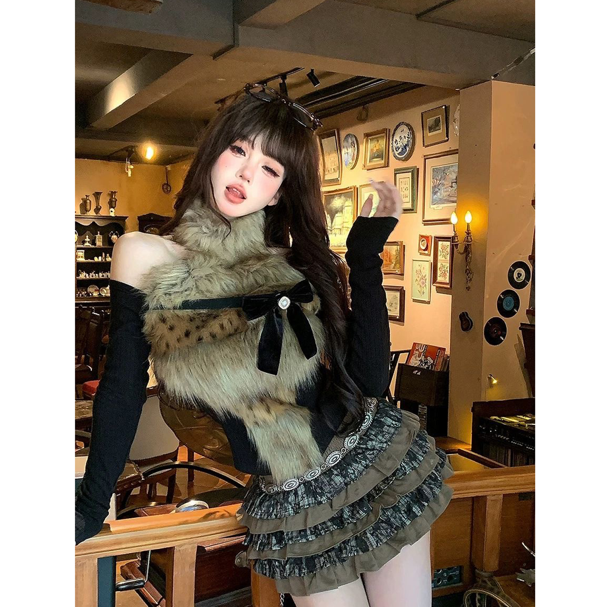 冬季新款豹纹拼接露肩纯欲风蝴蝶结针织上衣高腰蛋糕蓬蓬裙两件套