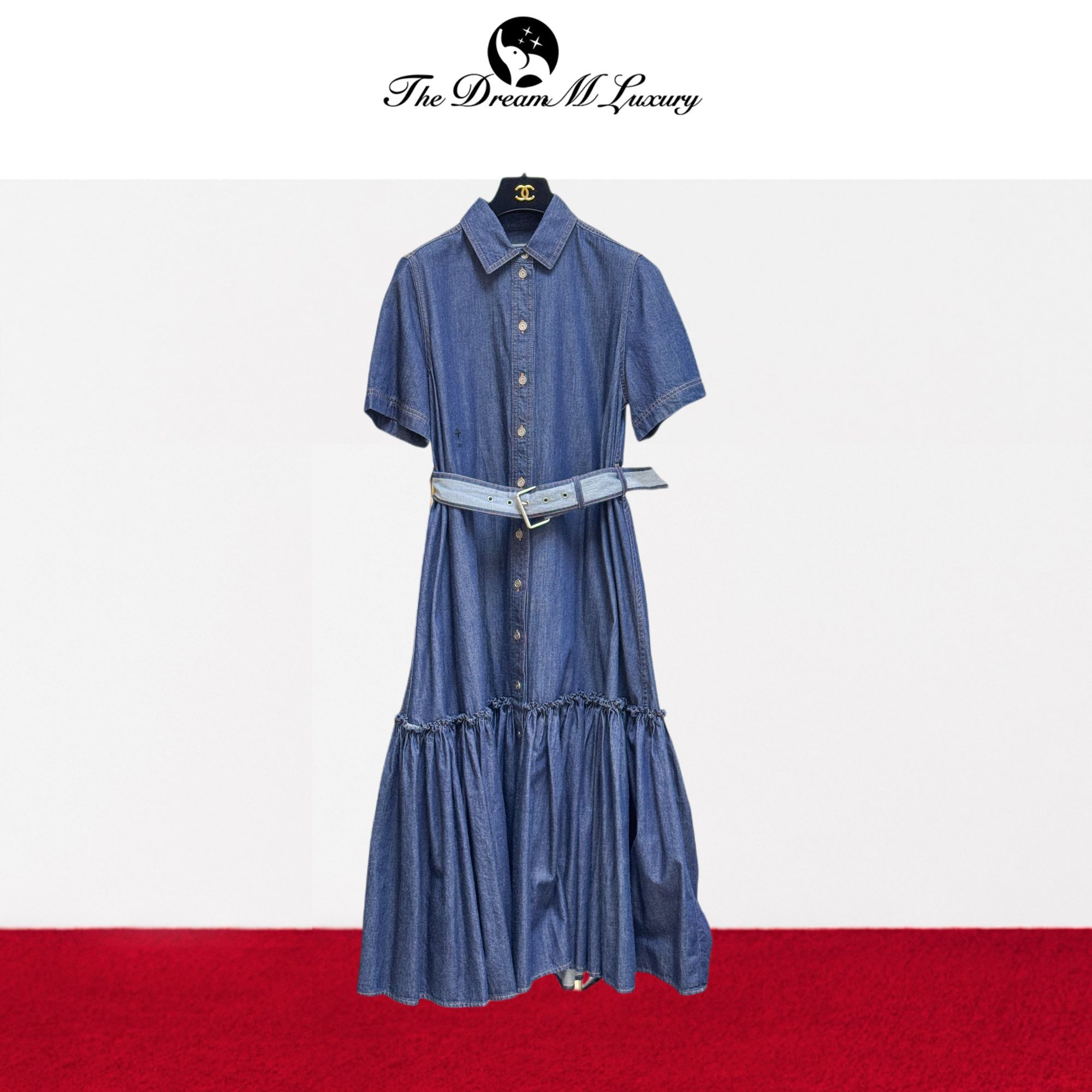 99新 DIOR/迪奥 F36码蓝色牛仔翻领短袖长款连衣裙，有腰带