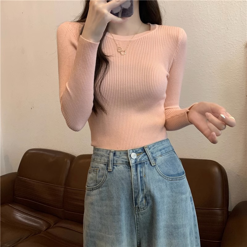 圆领长袖打底针织衫上衣秋冬季新款修身短款小个子别致粉色毛衣女
