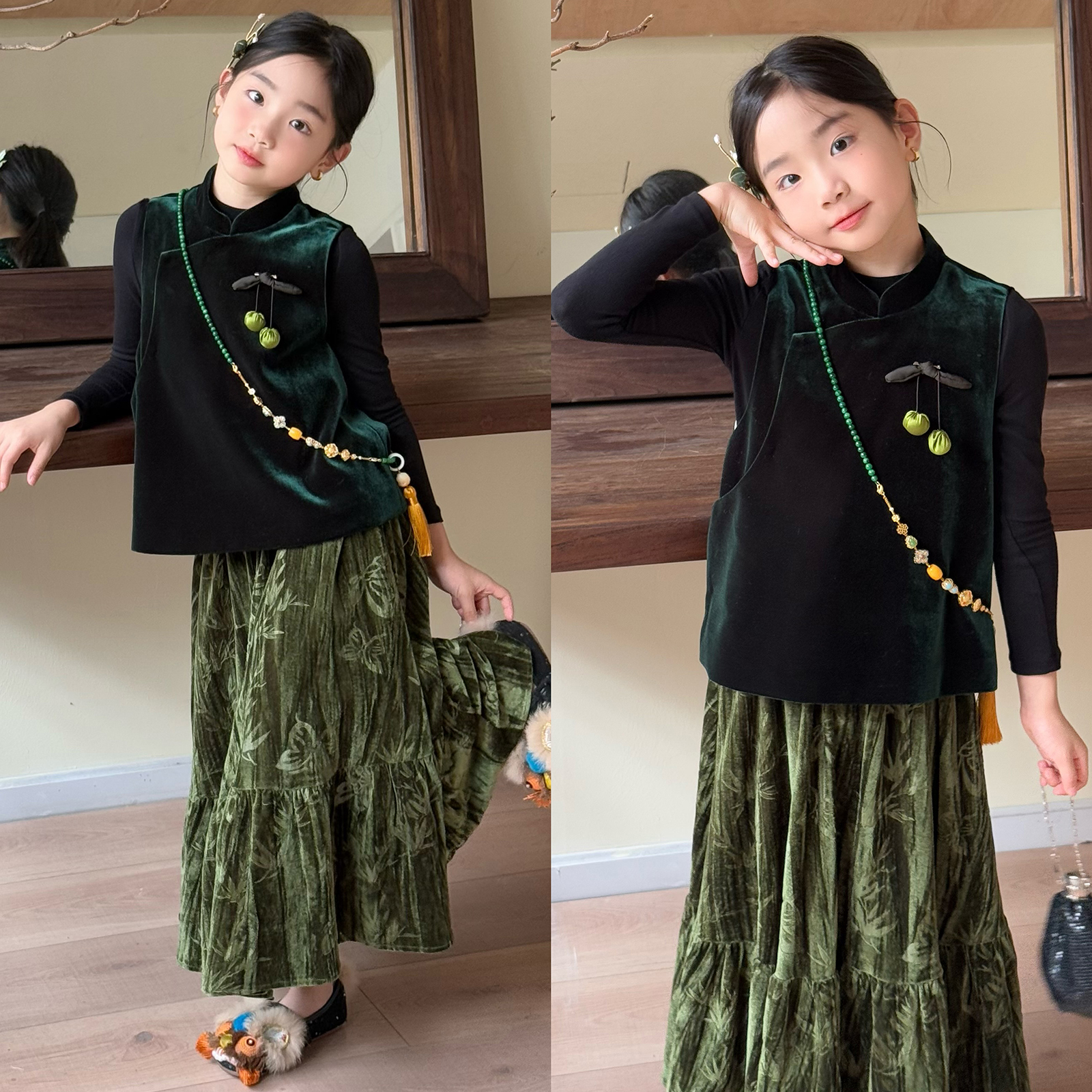 彩虹朵朵女童新中式国风丝绒马甲秋冬儿童绒里坎肩中大童亲子装