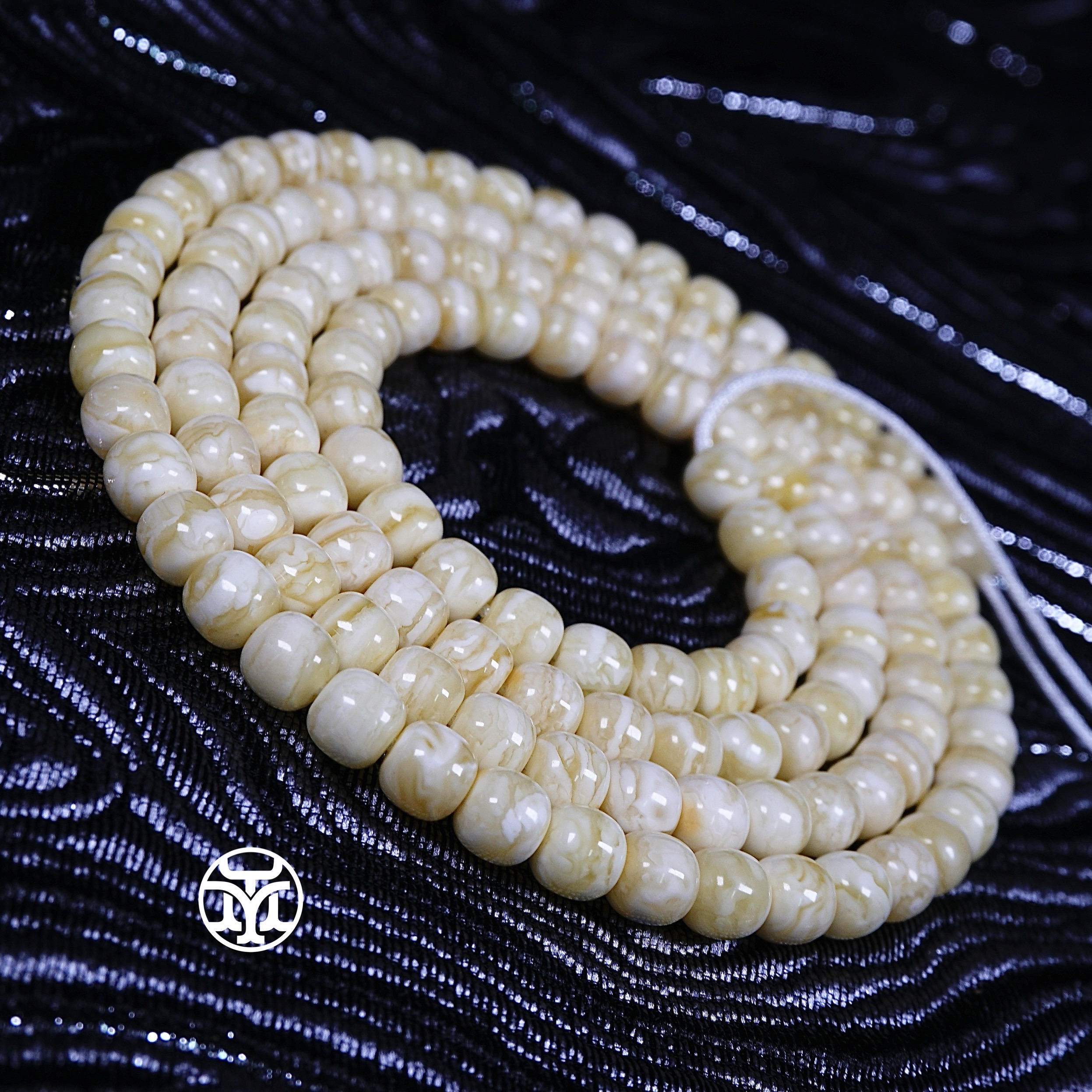 6毫米瓷白虎纹108长挂 一物一拍 天然俄料琥珀蜜蜡