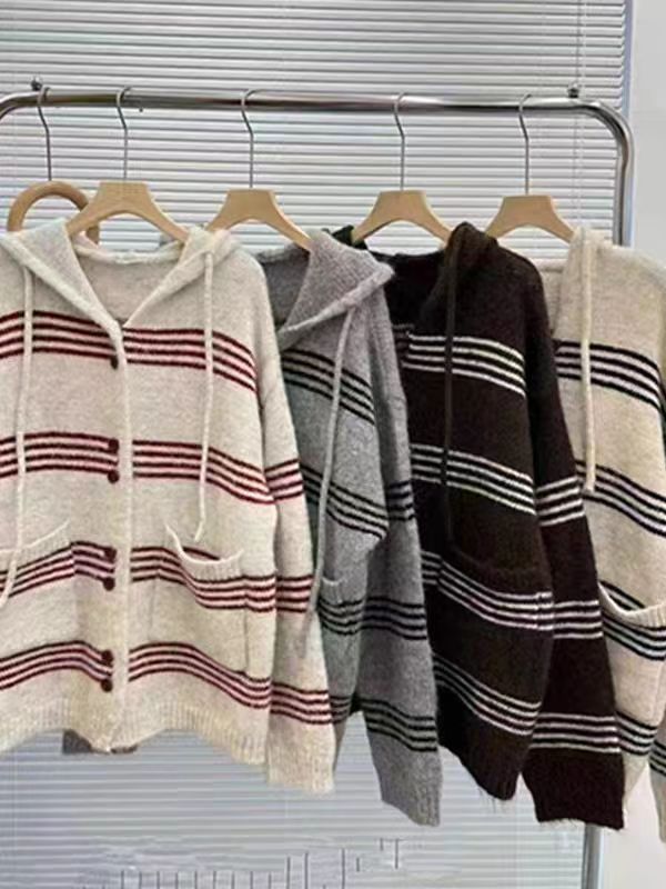 668-1216/50-638   韩版条纹连帽宽松显瘦针织开衫
