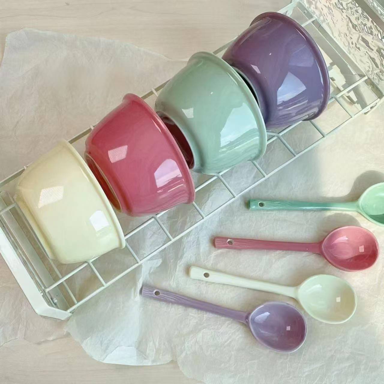 【4碗/4碗4勺】奶油风陶瓷碗米饭碗家用碗饭碗防烫可爱餐具吃饭碗