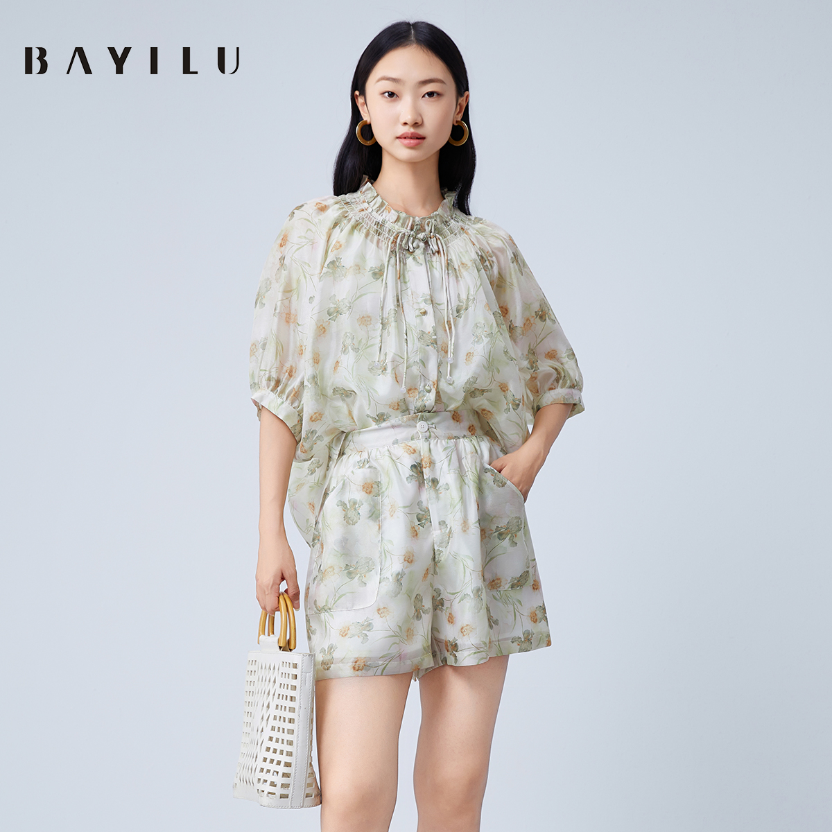 【品牌】芭依璐夏季时尚套装女印花衬衫两件套90TZ580