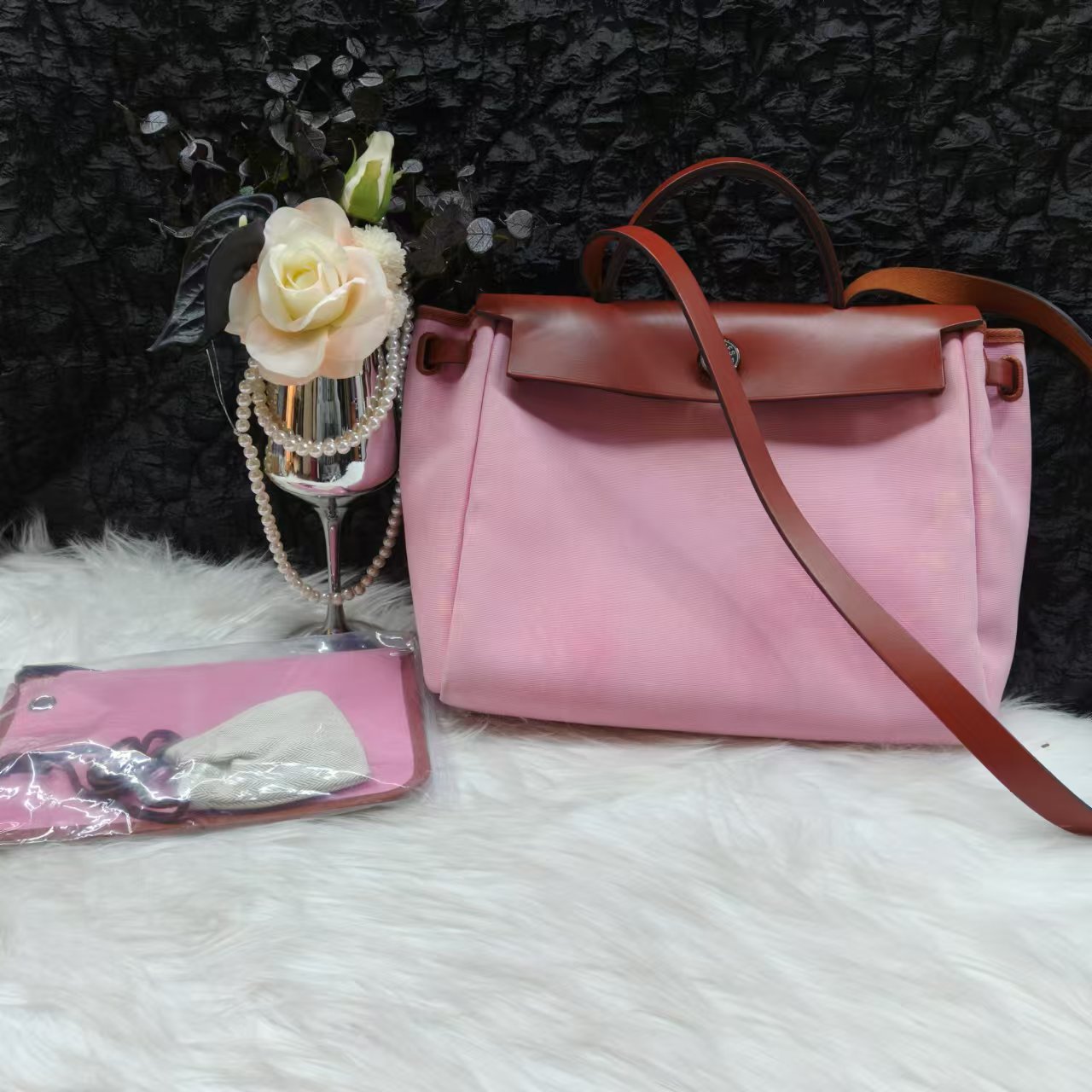 95新 Hermes/爱马仕 爱马仕粉棕拼色中号herbag斜挎包