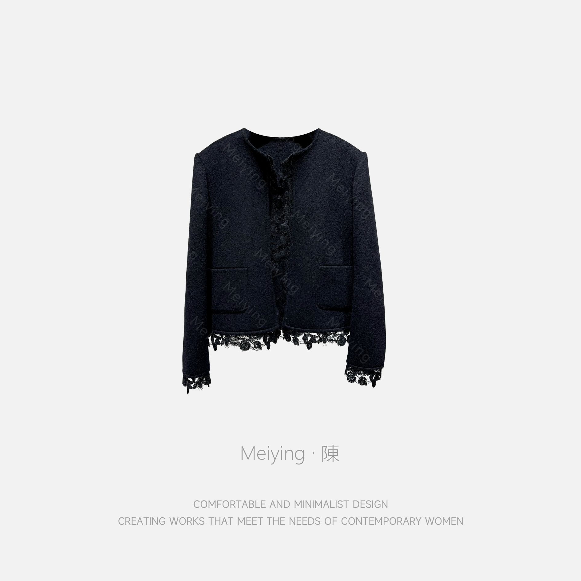 Meiying-"黑巴克玫瑰"短款小众立体刺绣蕾丝羊绒外套YZ5QQ001