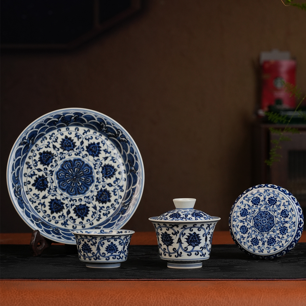 青花缠枝莲盖碗主人杯壶承盖置套组手工纯手绘明清华茶器茶具礼盒