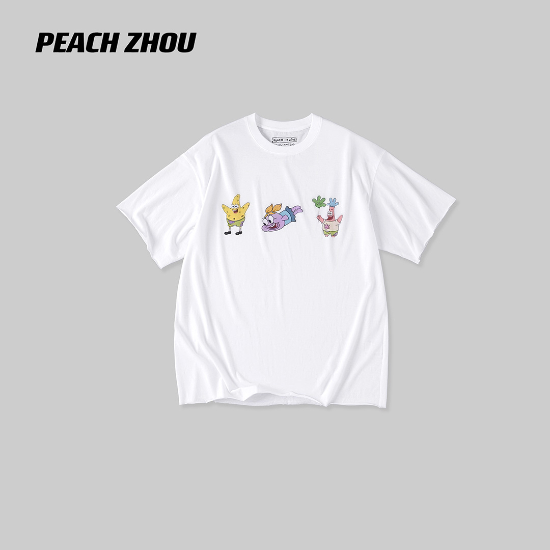 PEACHZHOU 纯棉海绵宝宝卡通印花宽松落肩圆领短袖男女款廓形T恤