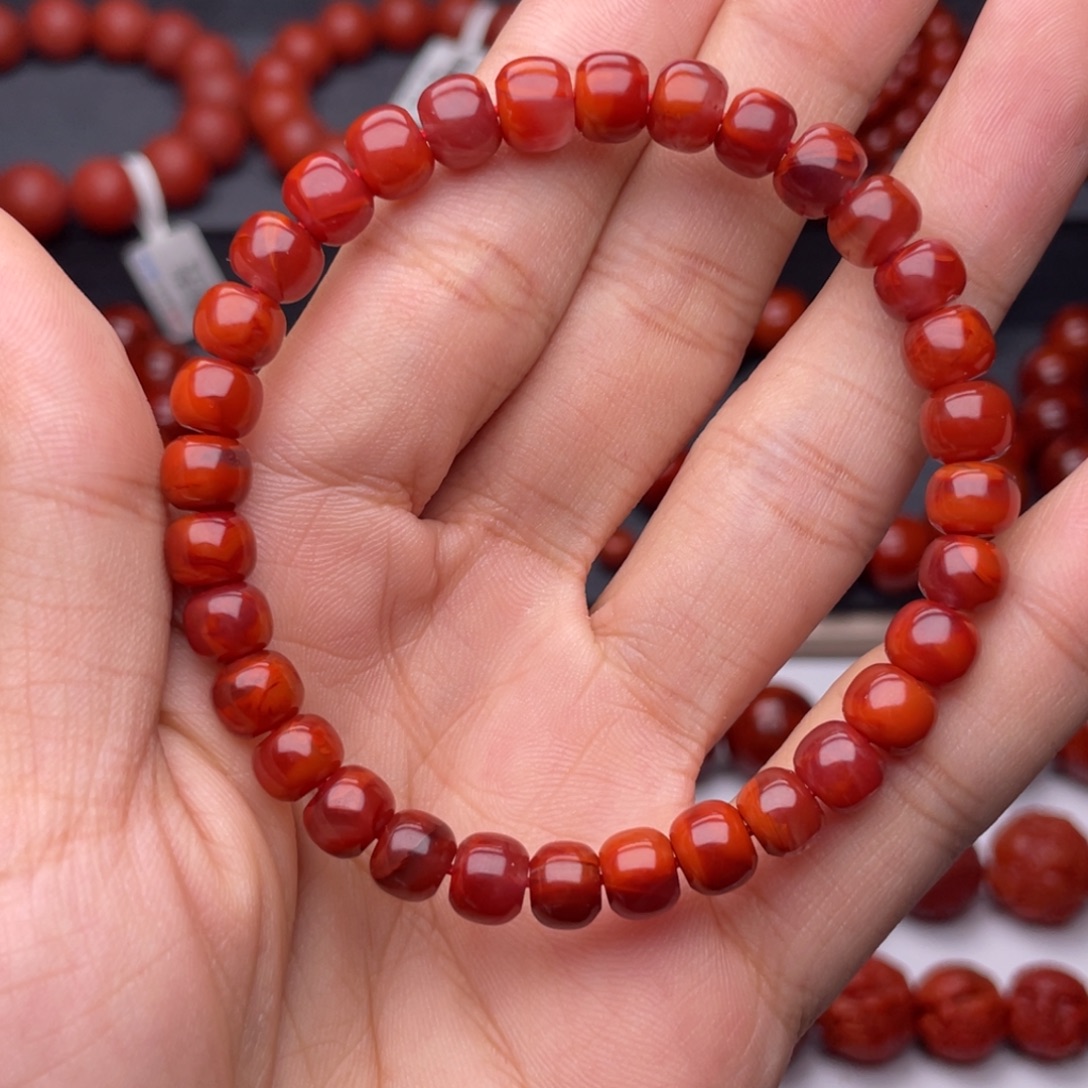 南红玛瑙未镶嵌手串H7mm顶品满肉牛血火焰老型手串