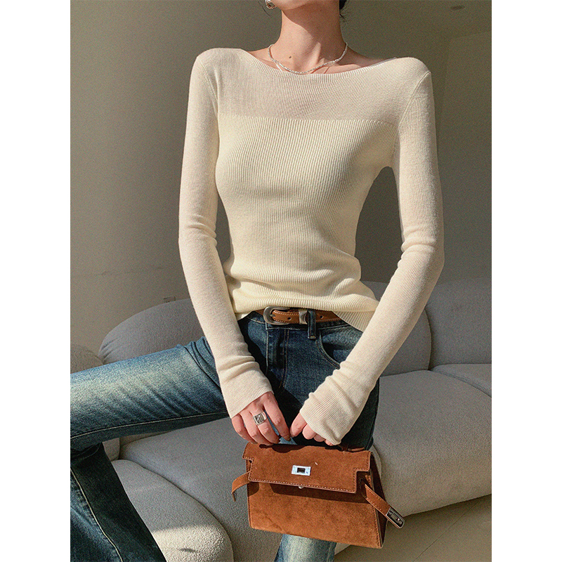 JWUNIQUE酒窝米色长袖针织衫女早秋2025修身显瘦设计感打底衫上衣