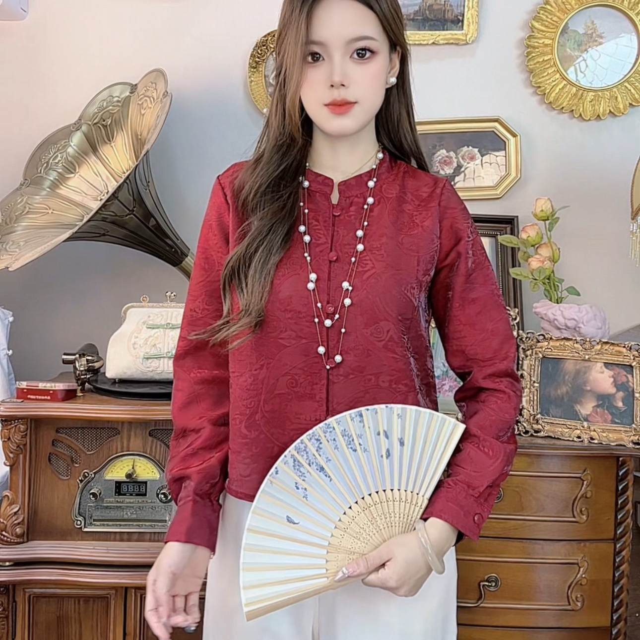 【703】中国风复古圆领长袖女士春秋季提花打底衬衫小衫