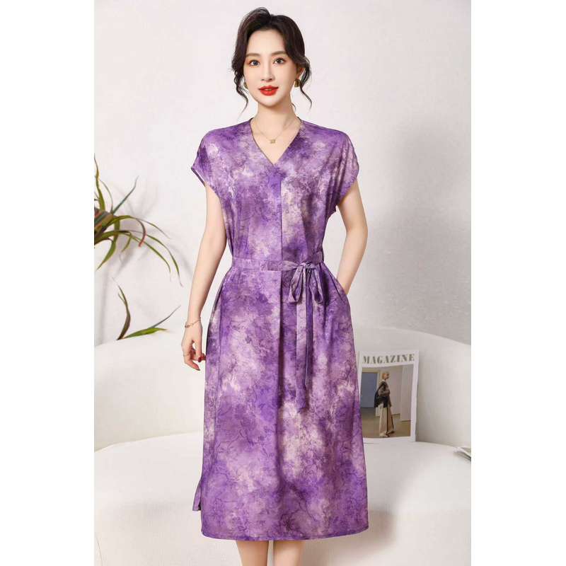 真丝 落霞 夏季时尚轻奢亲肤透气中长款连衣裙