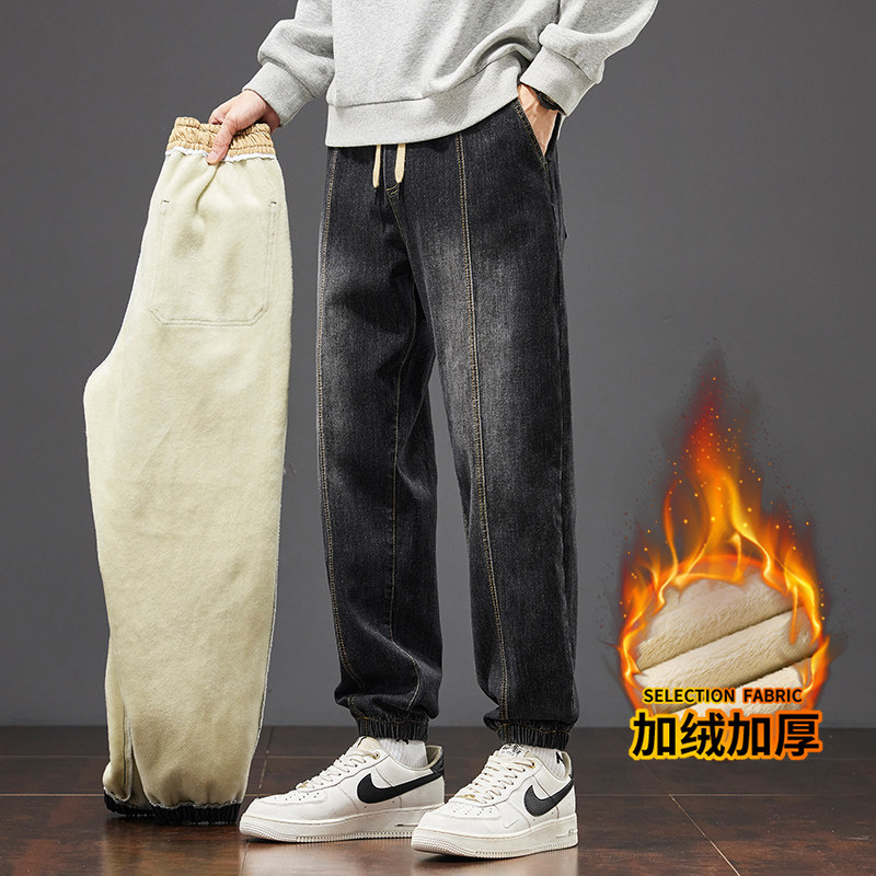 2025秋冬季美式加厚棉质牛仔裤男士时尚宽松束脚长裤BJ8077加绒