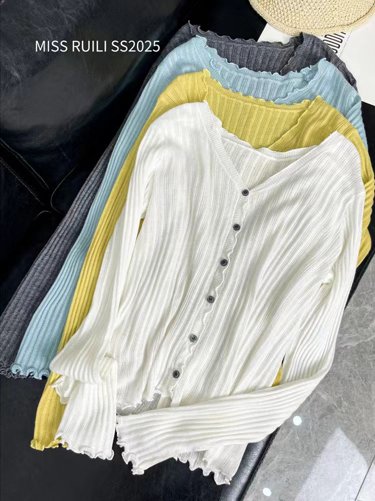 木耳边上衣毛针织衫长袖针织百搭短款韩版常规款女长袖显瘦修身