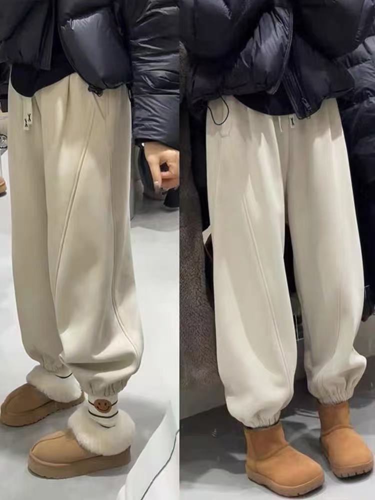 小个子宽松加绒束脚哈伦裤女冬季新款高腰显瘦运动卫裤九分灯笼裤