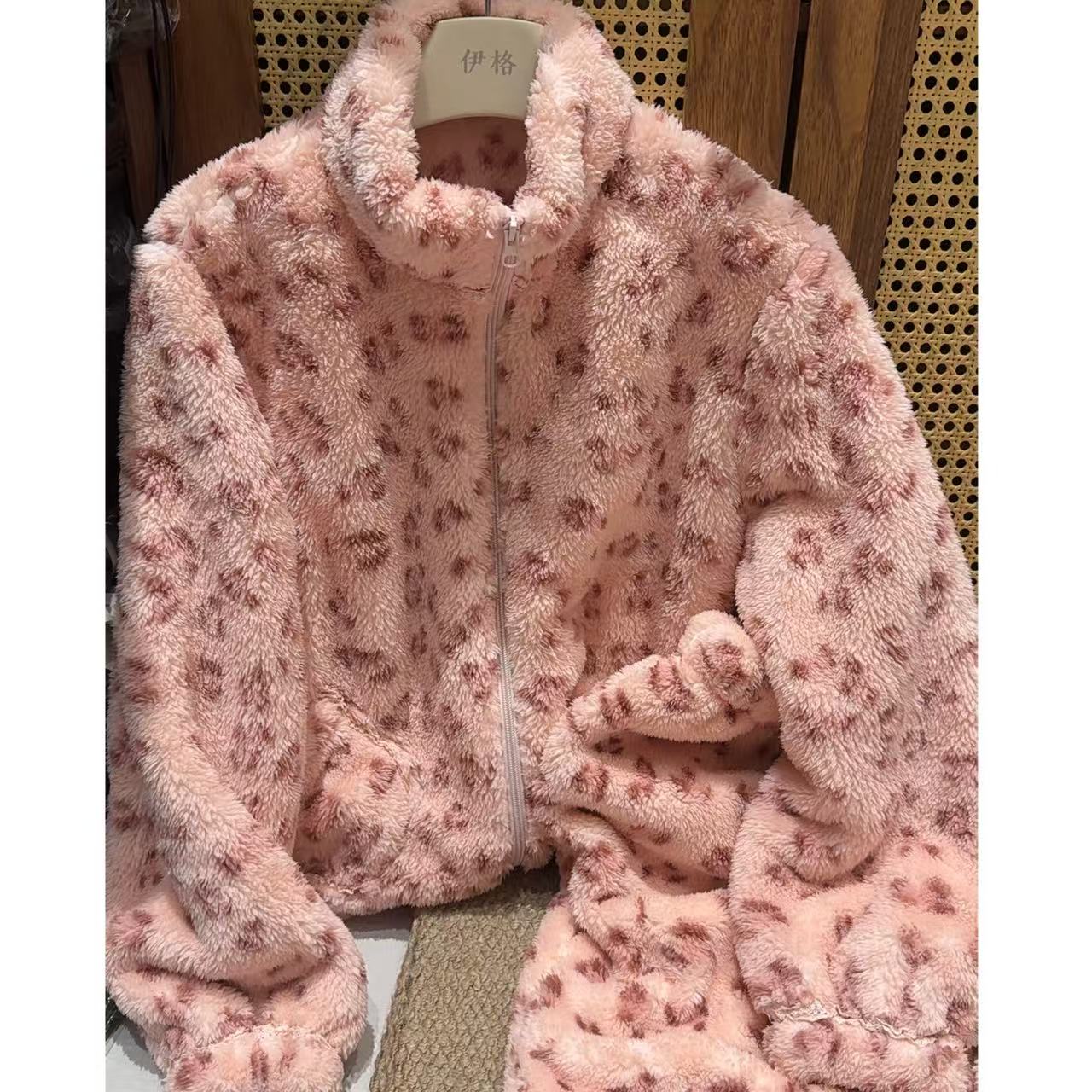 【三懿服饰】冬季定制新款豹纹加绒加厚休闲百搭睡衣套装-8198