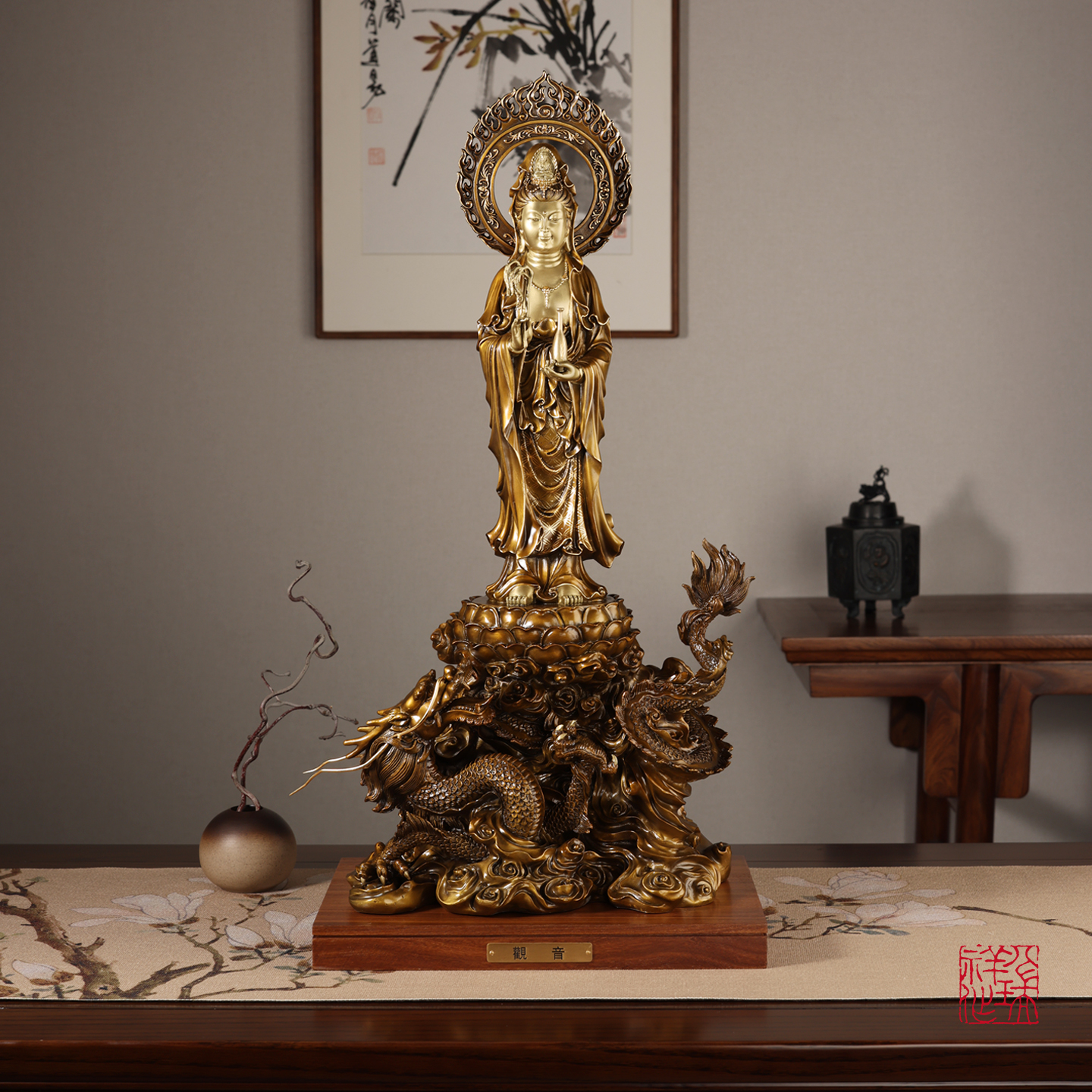 八瑞祥黄铜观音人物像【龙上观音】客厅玄关摆设高档铜像装饰品摆件