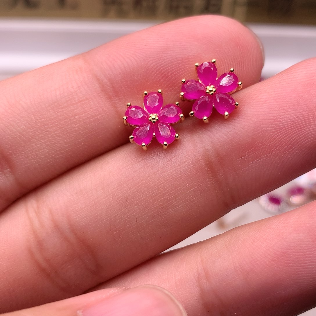 红宝石耳饰银S925镶嵌