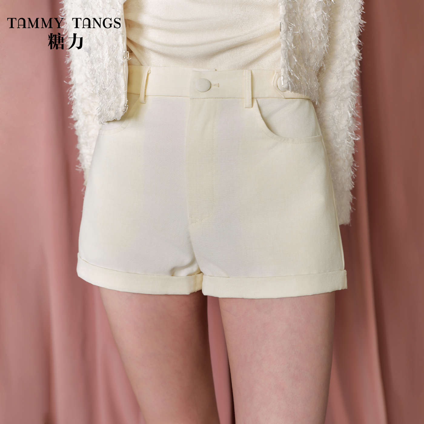 【直播专属】糖力杏色百搭高腰休闲裤直筒短裤女翻折脚边热裤