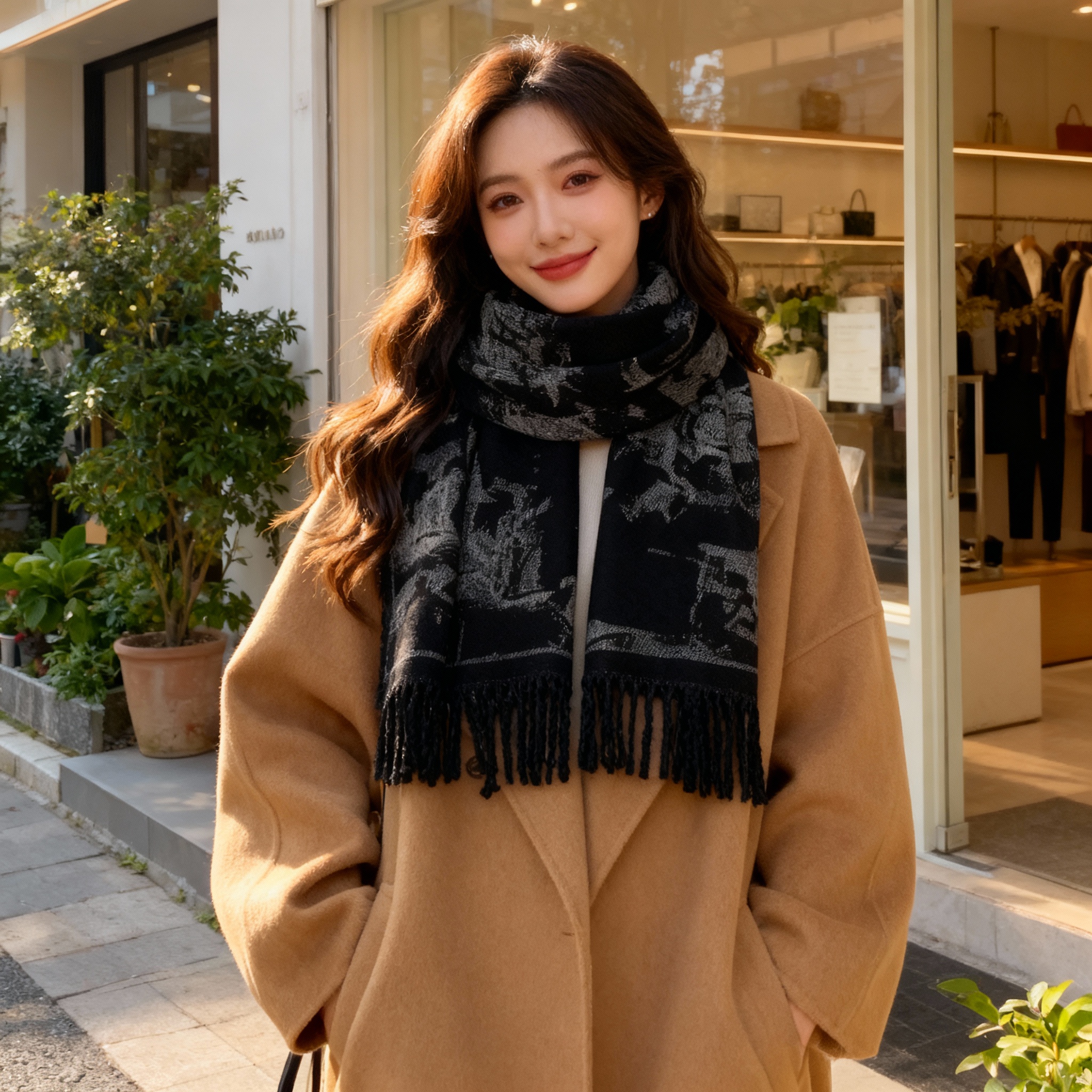 法莱阿玛尼女士围巾流苏时尚百搭双面加厚仿羊绒百搭波西米亚风