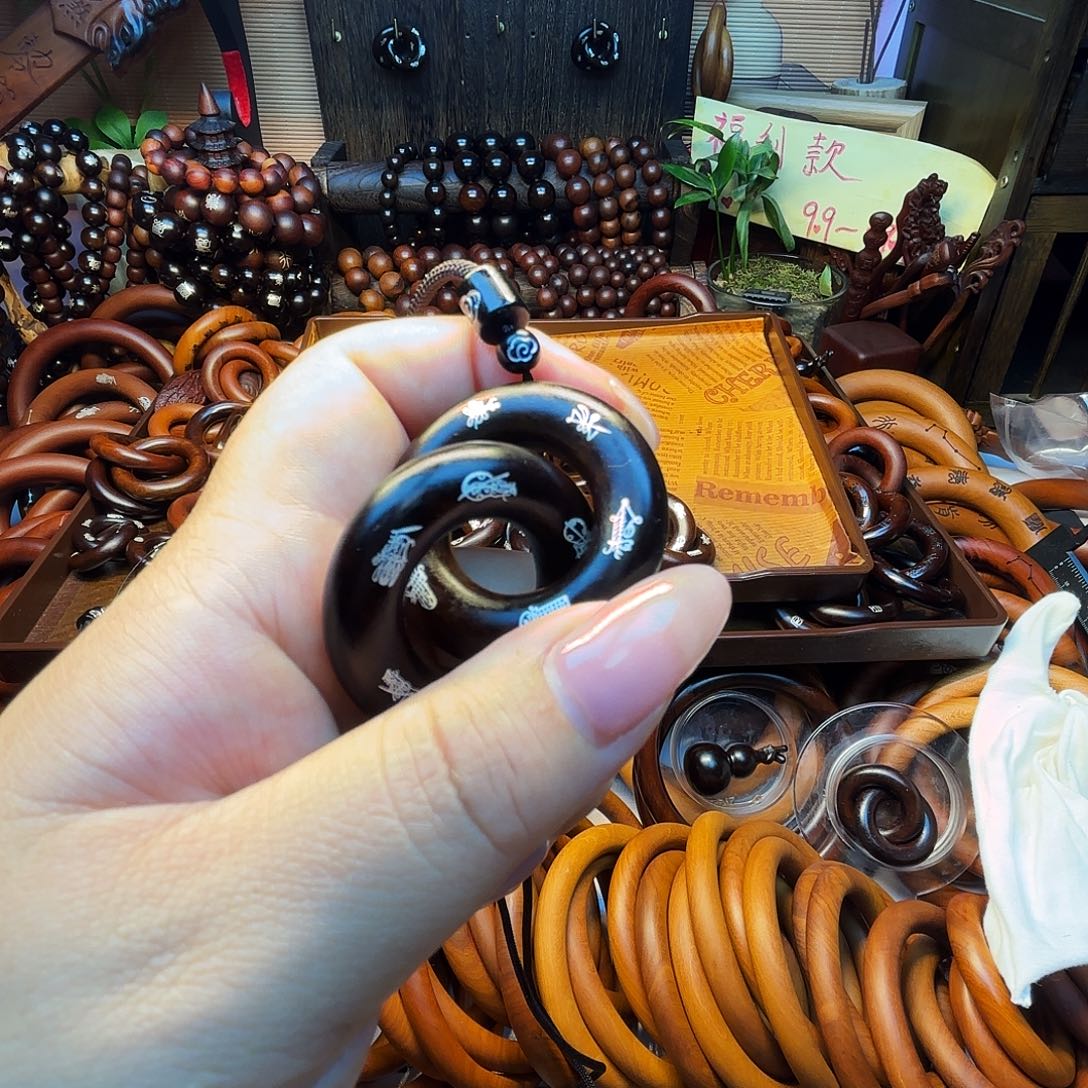 木枣木玉化20圈口镶银双面