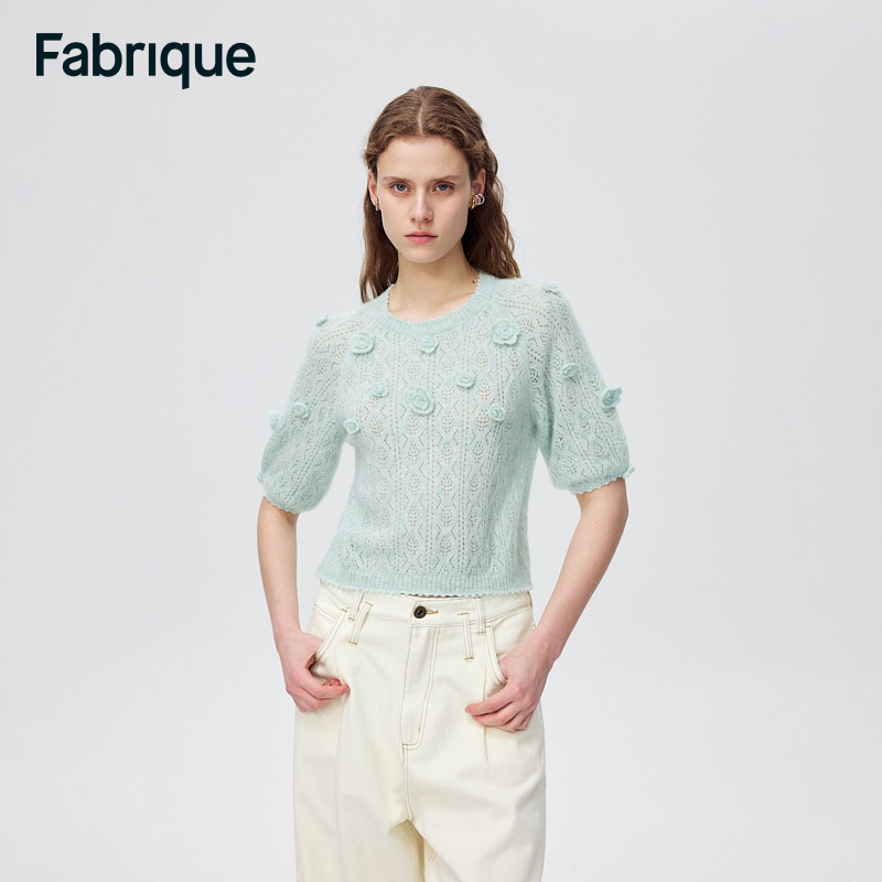 Fabrique夏季薄荷绿绢丝绒立体钩花镂空针织短袖上衣针织衫女242