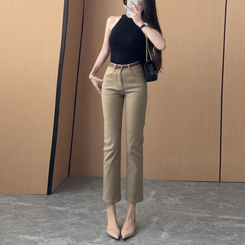 经典卡其色老钱风九分直筒牛仔裤女2025春季新款高腰弹力裤