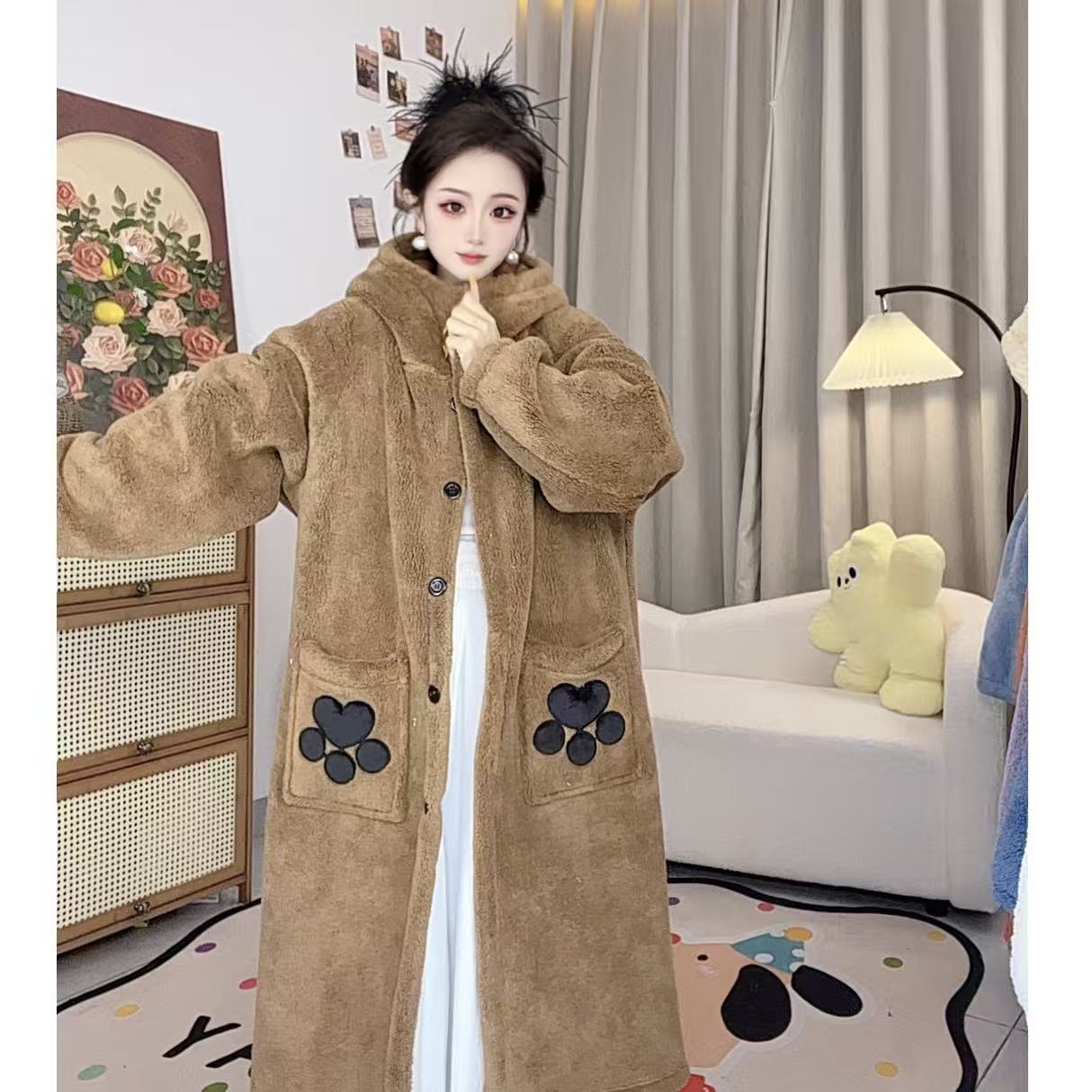 美拉德冬季双层加厚加绒保暖连帽中长款睡袍浴袍家居服情侣款大码