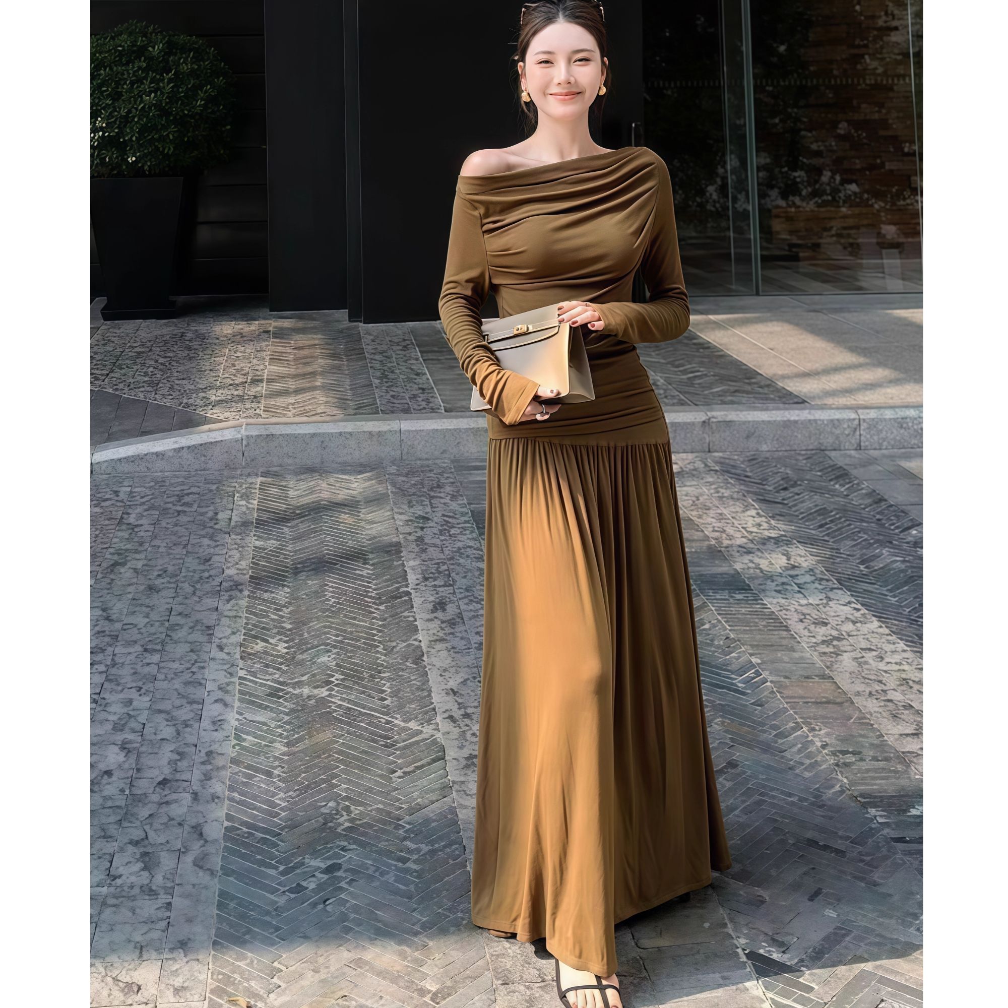 性感辣妹风褶皱斜肩长袖T恤上衣女秋季新款氛围感半身长裙子套装