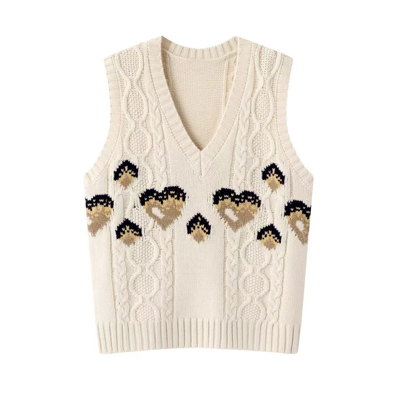 【Y2257】新款复古爱心提花V领无袖米白色针织衫马甲背心坎肩上衣女