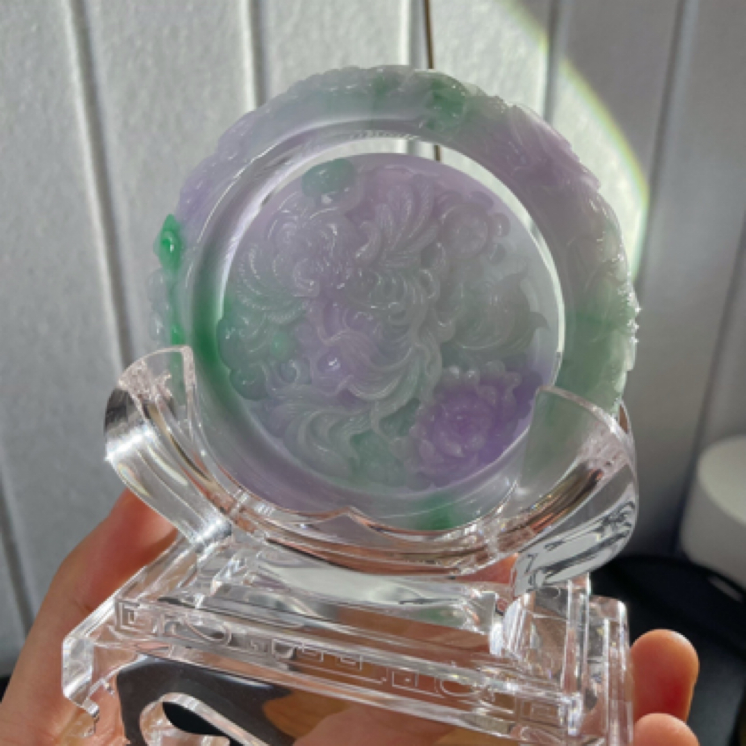 翡翠套镯 57 （带链） 凤穿牡丹 手工精雕 国风 翡翠春彩 镯子精雕