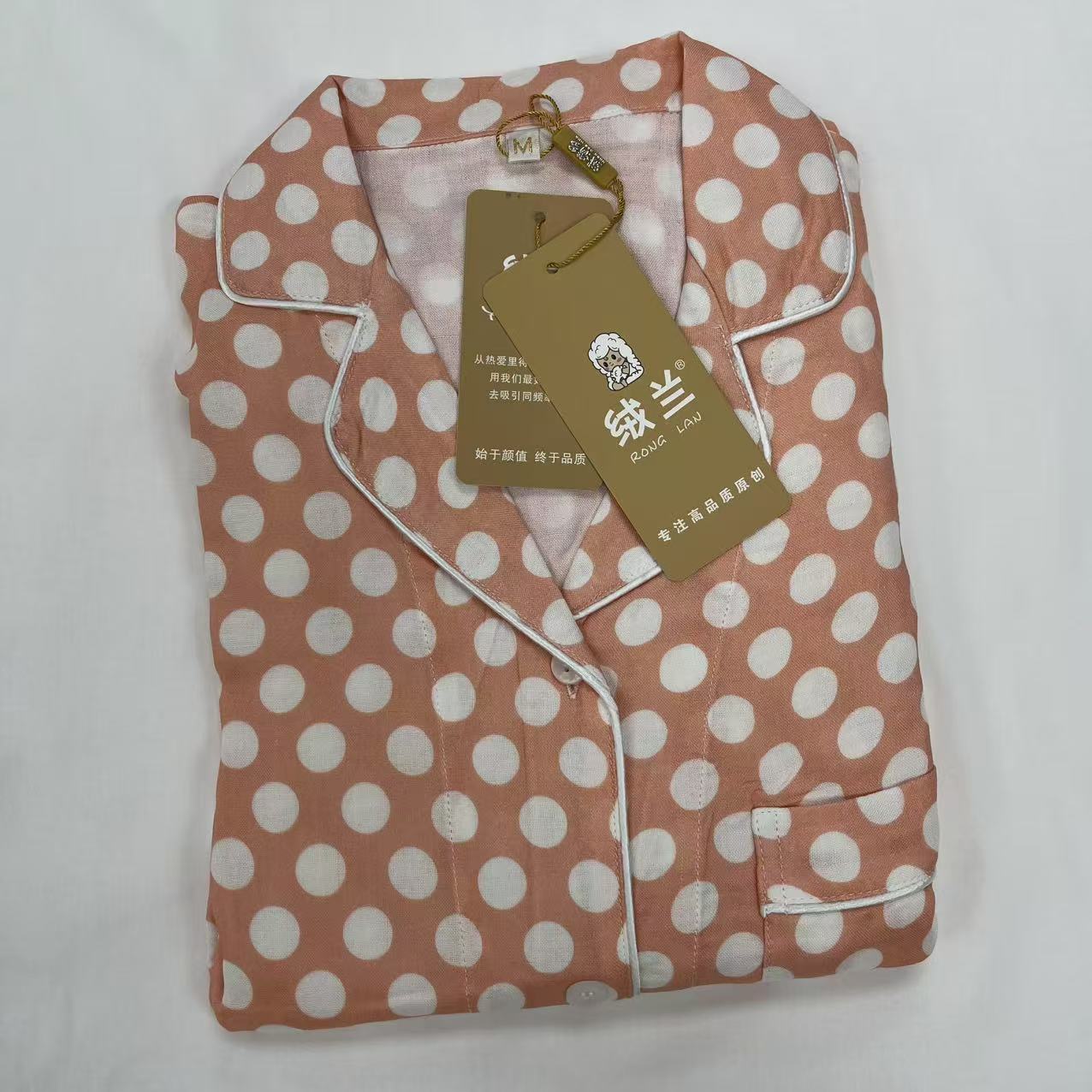 【绒兰】女款 短袖长裤 A类竹纤维双层纱家居服套装 7号 粉底波点