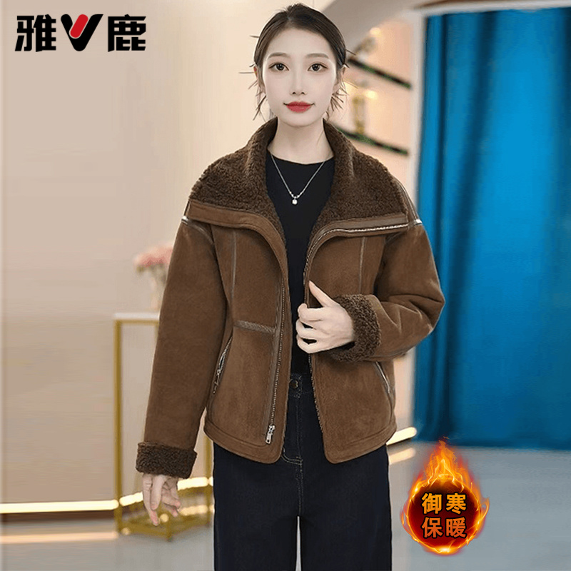 雅鹿时尚加厚保暖显瘦休闲翻领短款外套2025冬季新款外套