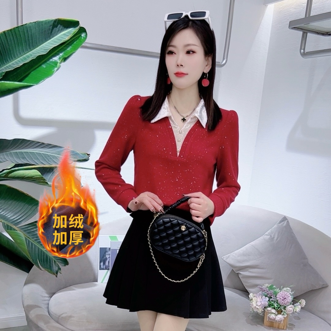 A7878法式长袖打底衫女冬季新款加绒洋气显瘦加绒上衣