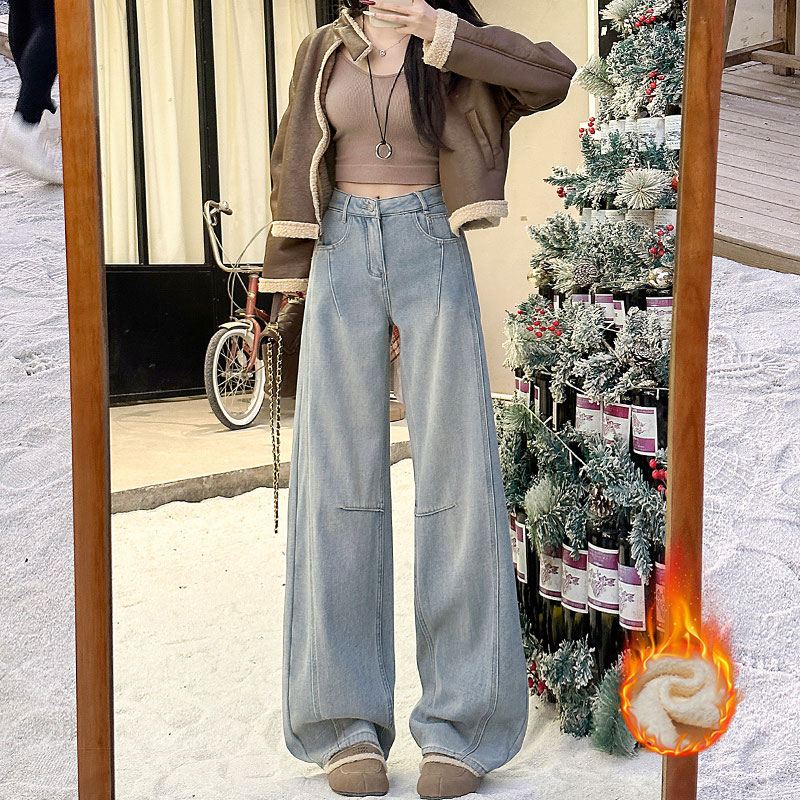 加绒浅色高腰直筒阔腿牛仔裤女2024冬季新款小个子设计感显瘦百搭