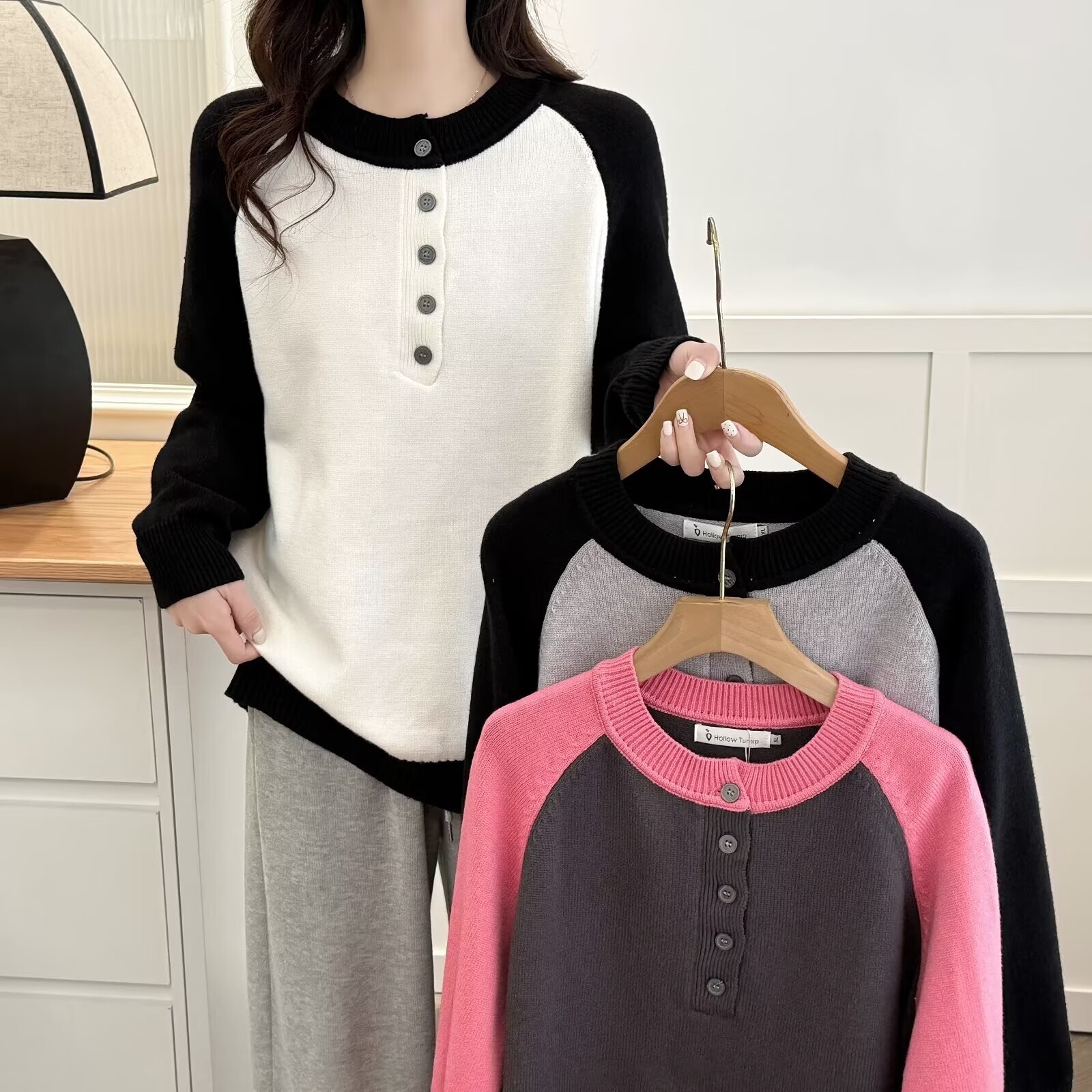 2025春季新款七七大码百搭宽松拼色显瘦遮肉圆领针织长袖上衣